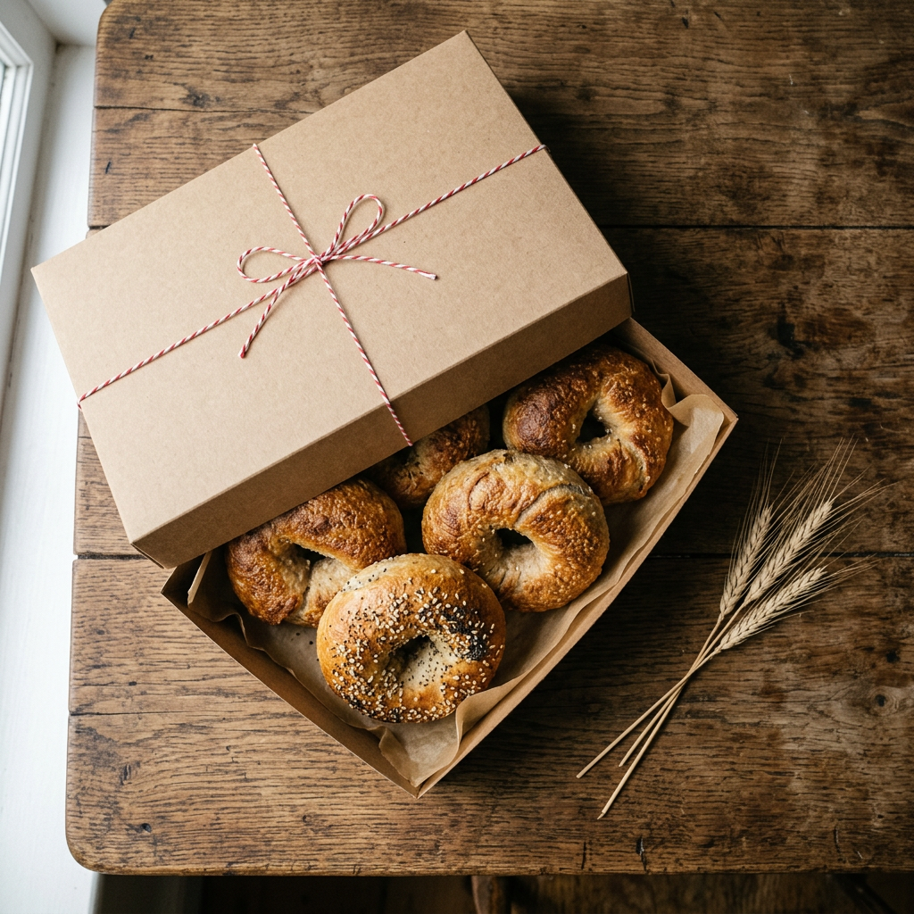 Kraft box of sourdough bagels tied with twine