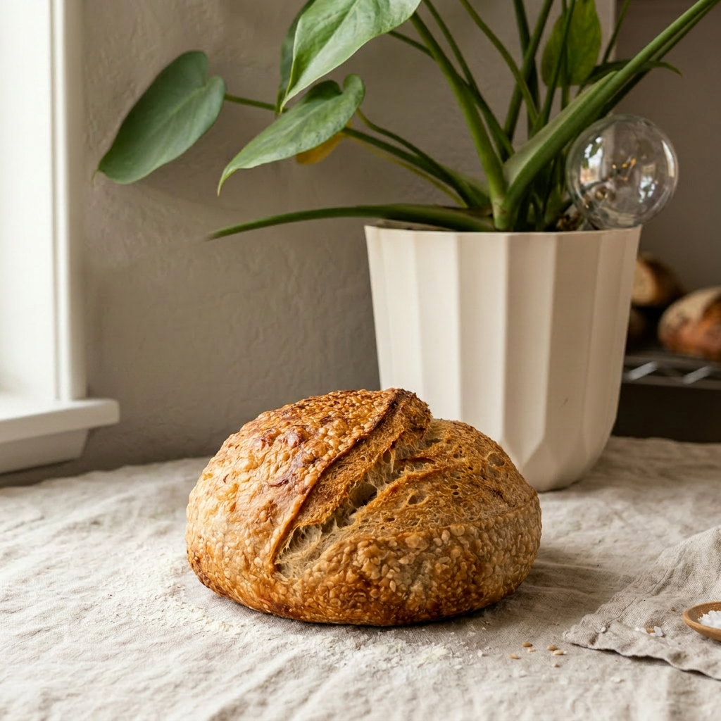 A rustic sesame-crusted sourdough boule on a linen cloth beside a potted plant