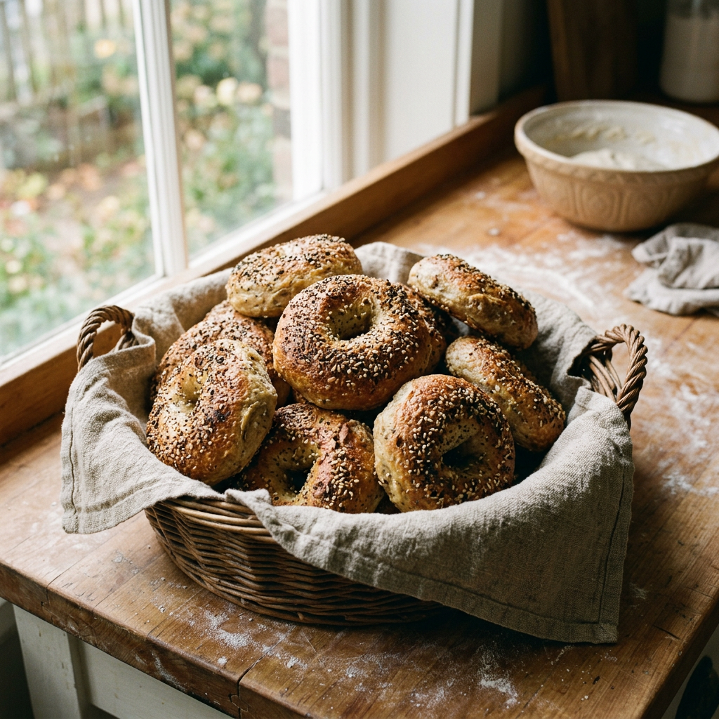 Baker's dozen of sourdough bagels in a basket