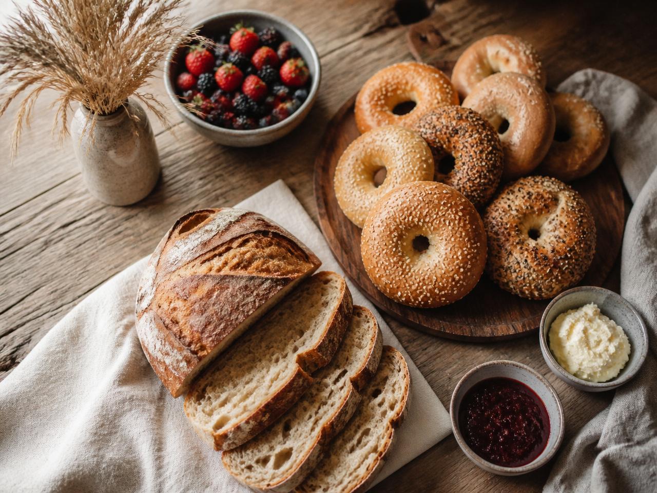 A coastal brunch catering spread with bagels, sourdough, jams, and berries